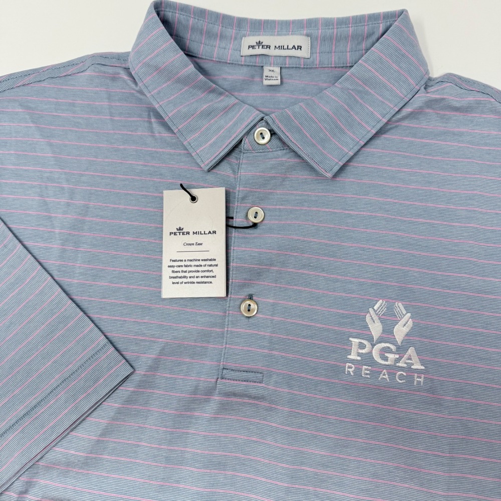 Peter Millar Crown Ease Mens XL Blue Striped PGA REACH Cotton Polo Shirt‎ NEW